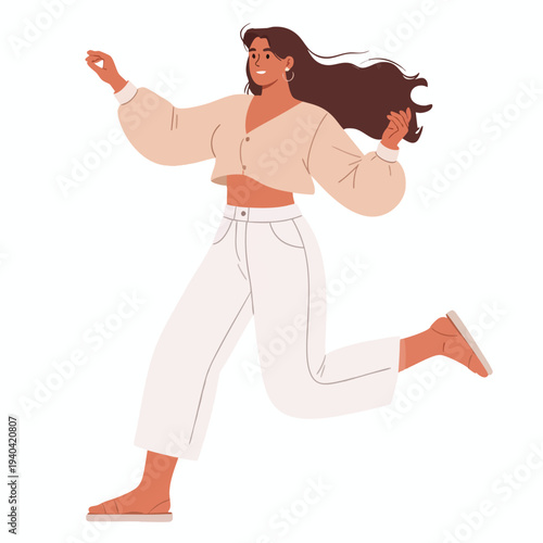 Young woman in casual clothes running happily with flowing hair outdoors in a relaxed environment from a dynamic viewpoint