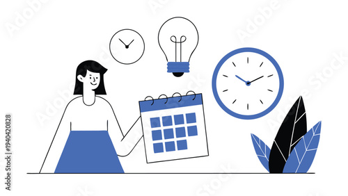 Female holding calendar and clock time management abstract concept vector illustrations