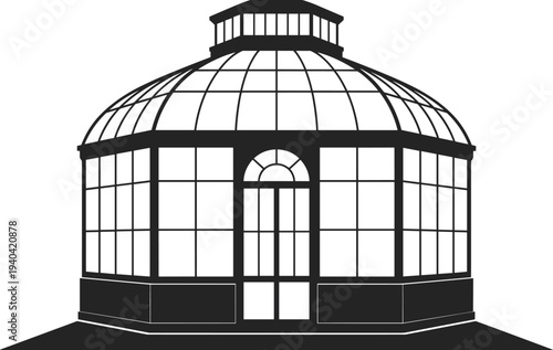 glass greenhouse conservatory silhouette, botanical garden dome architecture illustration, vintage plant house building icon, horticulture greenhouse structure design