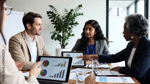 Diverse business team in a modern office meeting discussing charts