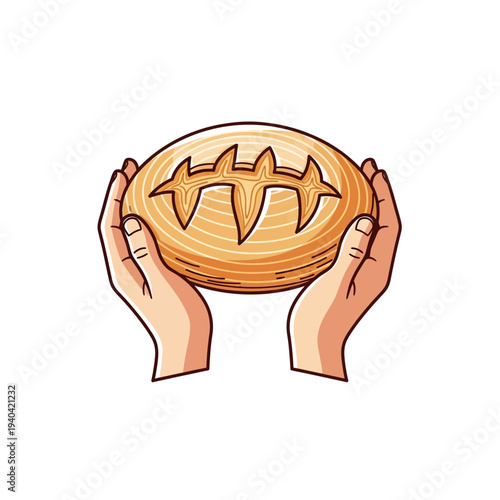 Two hands gently holding a freshly baked, rustic loaf of bread with decorative scoring on top, symbolizing sustenance and care.