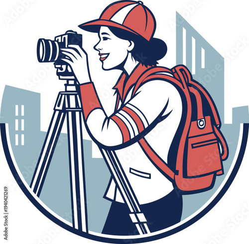 Vector illustration of a female photographer with camera and tripod