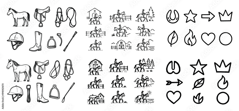 Obraz premium Equestrian icons with horse saddle sketch line