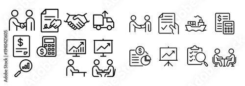 Business icons with handshake chart calculator outline