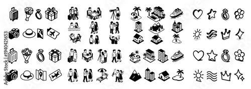 Travel icons with suitcase camera map outline