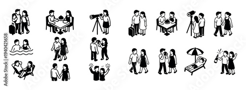 Travel icons with couple telescope suitcase minimal