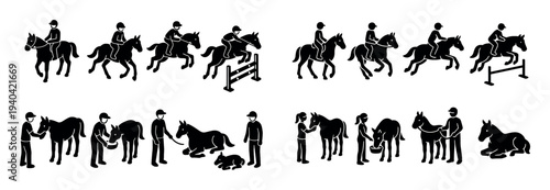 Equestrian icons with rider horse groom silhouette