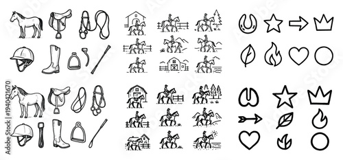 Equestrian icons with horse saddle sketch line