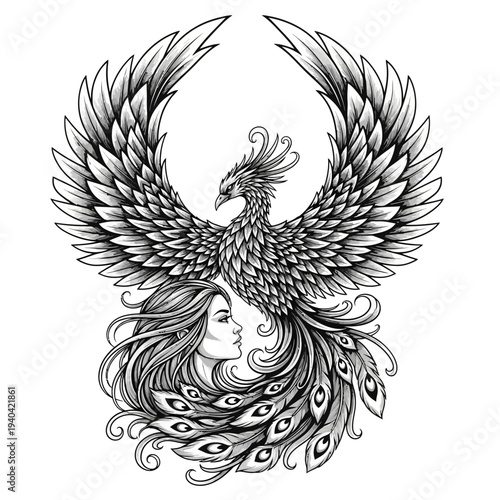 Mythical Phoenix Rising Above Woman's Head, Symbolizing Rebirth and Transformation