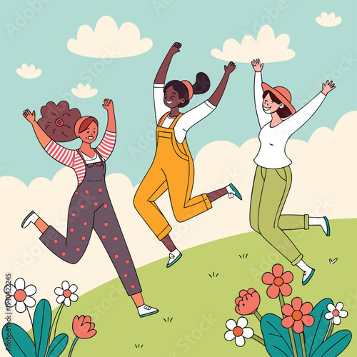 Vector illustration of three diverse women jumping in a field with flowers