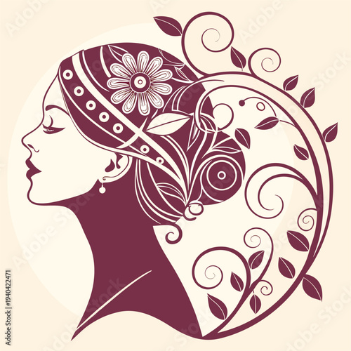 Vector illustration of woman's head with floral hair design