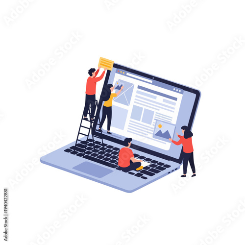 Small people building and optimizing a website on a large laptop screen.