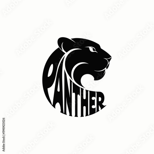 Creative black and white panther head logo design where the word "Panther" forms the animal's neck and body, minimalist vector illustration for sports mascots or corporate branding.