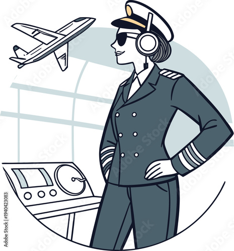 Vector illustration of female pilot in cockpit with airplane