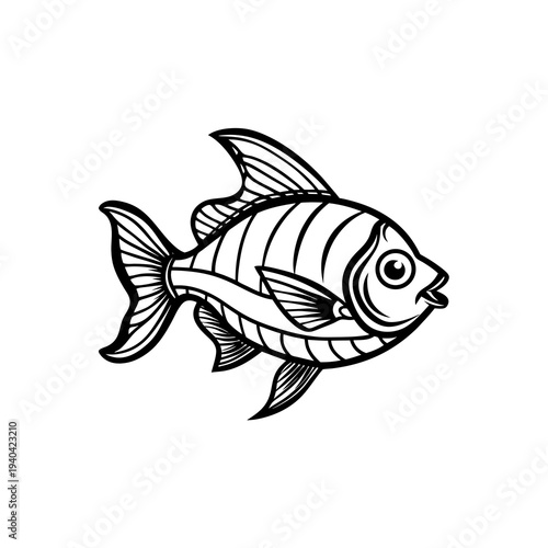 Black and white line art illustration of a fish with fins and scales, drawn in a simple, cartoonish style, isolated on a white background.