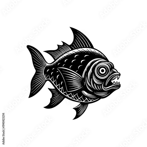 A detailed black and white illustration of a fierce fish with sharp teeth and large eyes, rendered in a stylized woodcut or linocut art style.
