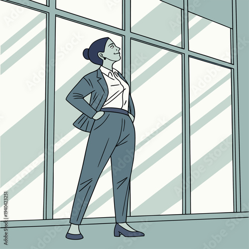 Vector illustration of businesswoman standing by window, confident pose, office background
