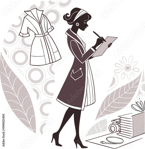 Vector illustration of a fashion designer at work with clothes and accessories