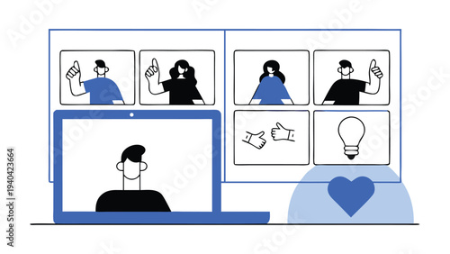 meeting online with teleconference, video conference remote working on laptop computer, work from home and anywhere concept vector illustrations