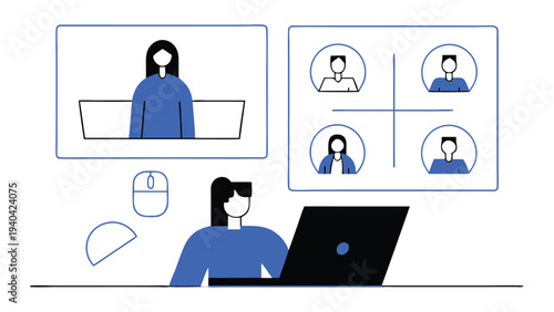 meeting online with teleconference, video conference remote working on laptop computer, work from home and anywhere concept vector illustrations