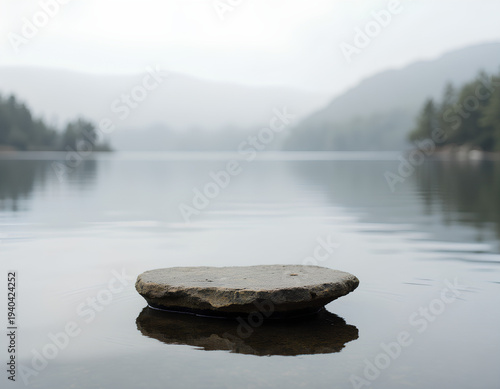 Single flat stone rests in still, misty lake water. Mist veils distant tree-lined hills in soft haze. Water reflects stone's shape with calm, quiet clarity for product display