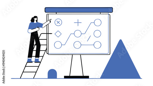 Woman on ladder drawing flowchart on board abstract concept vector illustrations