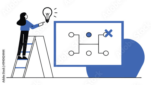 Woman on ladder drawing flowchart on board abstract concept vector illustrations
