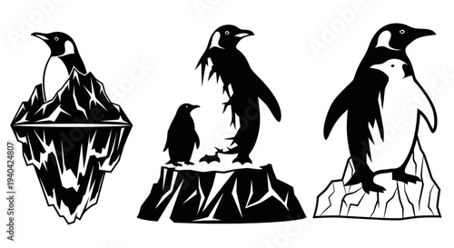 Penguin Family Silhouettes on Icebergs - Black and White Vector Graphics