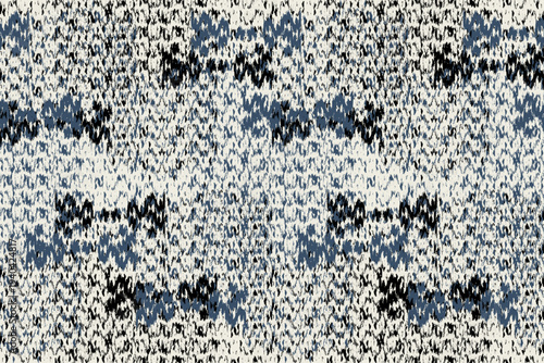 Abstract Ikat Style Seamless Pattern in Blue and Black.Retro Ikat Textile Pattern with Grunge Texture.Distressed Ikat Ethnic Textile Pattern Design.Boho Ikat Fabric Pattern with Rustic Texture.