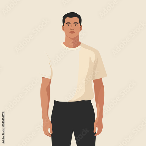 Young man standing in a relaxed pose, wearing casual clothing and facing the viewer directly, illustration, simple background, frontal view
