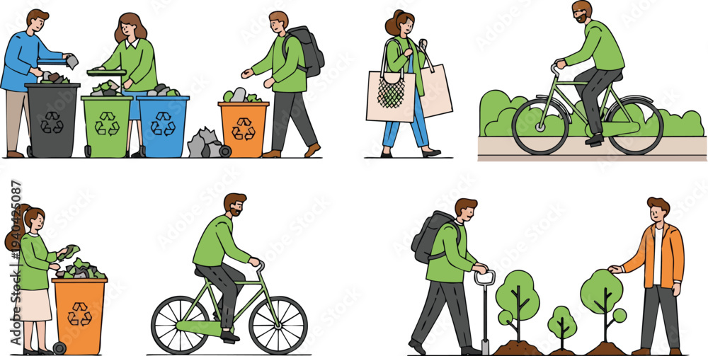Fototapeta premium A funny cartoon illustration set featuring a group of people and children having fun riding bicycles, including a woman, boy, and kid as a happy family character vector pattern