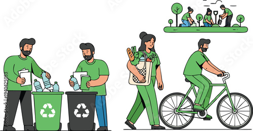 Cartoon illustration of a man and woman with a green recycling bin near a family of cyclists and children enjoying a sporty outdoor activity