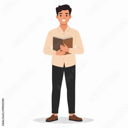 A young man reading a book while standing in a relaxed posture