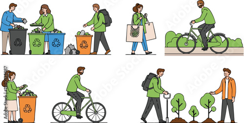 A funny cartoon illustration set featuring a group of people and children having fun riding bicycles, including a woman, boy, and kid as a happy family character vector pattern