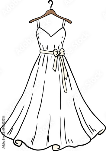 Elegant bridal wedding dress hanging on wooden hanger illustration with flowing fabric and bow detail, perfect for wedding invitations, fashion themed designs