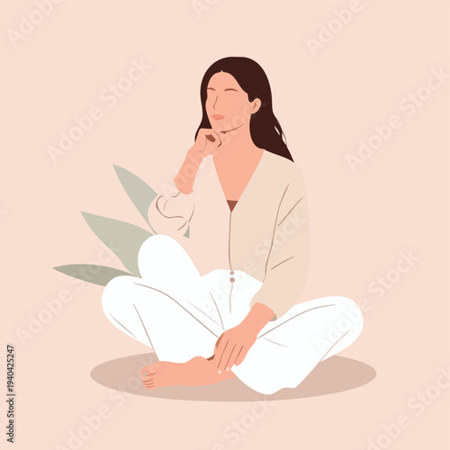 A serene woman sits cross-legged on the floor surrounded by leaves lost in thought