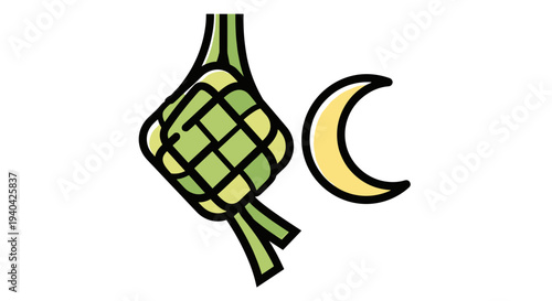 Ketupat Illustration with Crescent Moon.