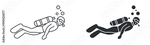 Scuba diving icon set, diver with oxygen tank underwater symbol, in outline and solid silhouette style. Vector illustration.