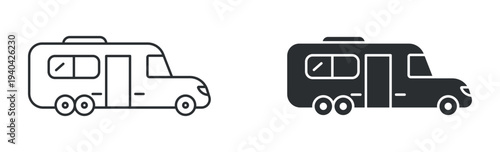 Camper van icon set, motorhome RV travel vehicle symbol, in outline and solid silhouette style. Vector illustration.