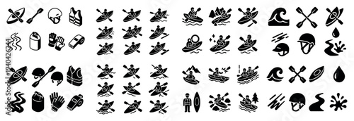 Water sports icons with kayak paddle helmet minimal bold