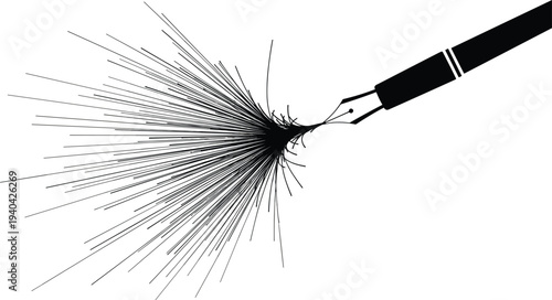 Black Ink Splatter Explosion From Fountain Pen Nib On White Keywords: ink, pen, writing, explosion, splatter, creative, art