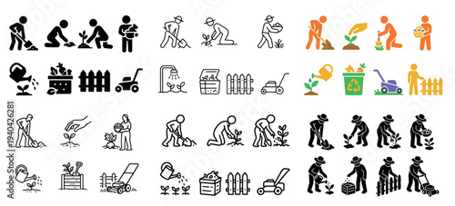 Gardening icons with shovel plant mower minimal outline