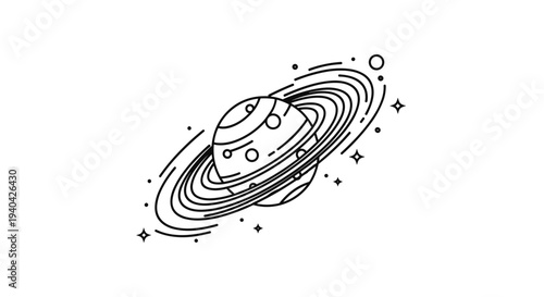 Saturn Planet Illustration Black White.