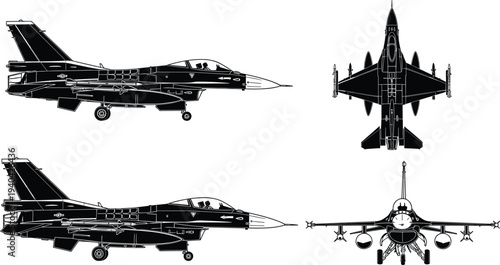 Black Silhouette of a Fighter Jet from Multiple Views Keywords: fighter jet, airplane, aircraft, jet, military, aviation, air