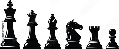 Black silhouette of chess pieces including king queen bishop knight rook and pawn vector illustration