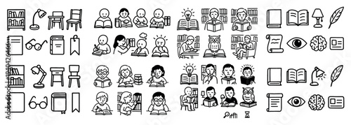 Reading icons with book chair lamp outline