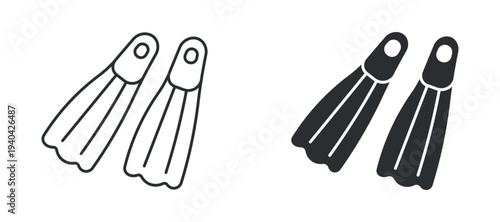Swim fins icon set, diving flippers swimming equipment symbol, in outline and solid silhouette style. Vector illustration.