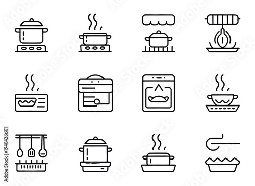 Cooking Stove Icons Line Boiling Frying Pan Oven Heat Vector