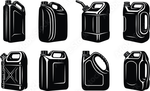Collection of black and white silhouettes of various plastic jerrycans container canister