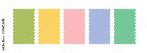 Multicolored vertical rectangular frames with scallop edges set. Silhouette rectangular text boxes with curved borders. vector illustration. 